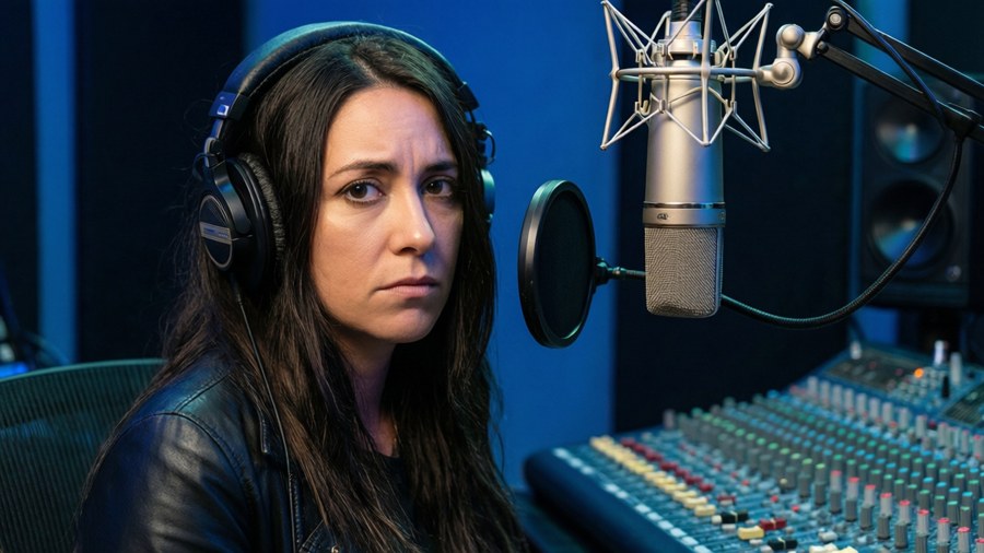 Tori Vega concentrada em um estúdio de gravação profissional