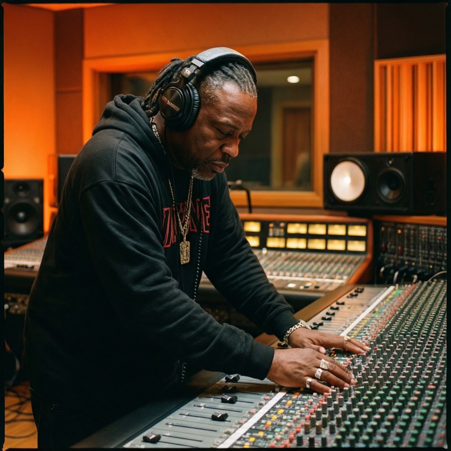 Tech N9ne working in a recording studio with warm lighting.