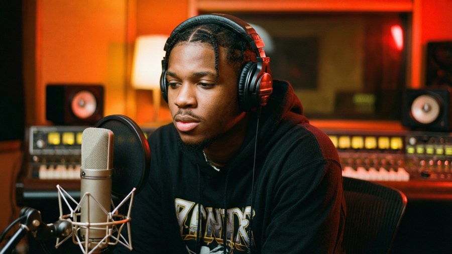 Lil Tjay i studio og spiller inn med varm belysning.