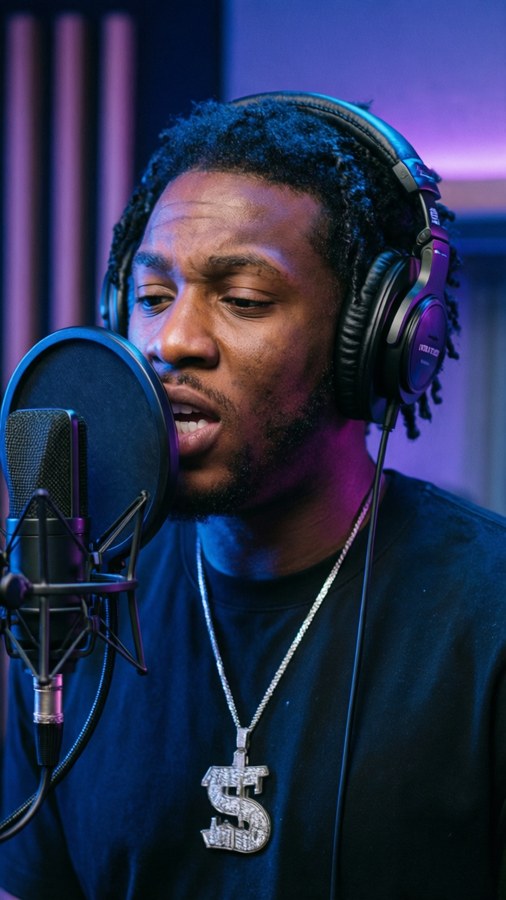 Moneybagg Yo enregistre de la musique dans un studio avec un éclairage d'ambiance.