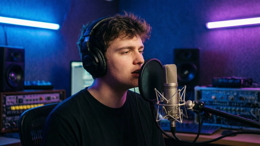 Junior H recording in a neon-lit studio