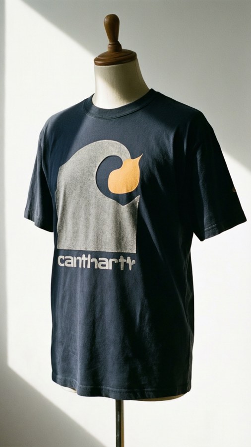 Carhartt graphic tee on mannequin in minimalist studio lighting.
