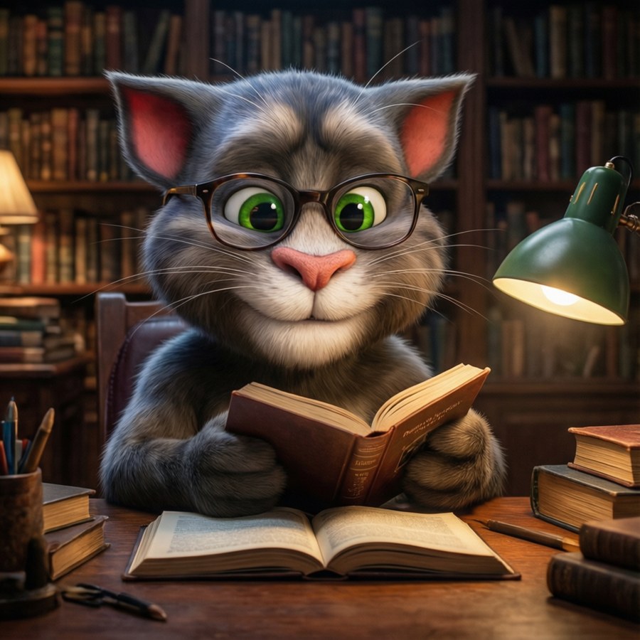 Talking Tom reading a book in a cozy library setting.
