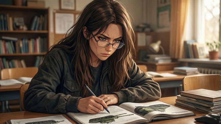 Wilhelmina studying tank manuals in class.