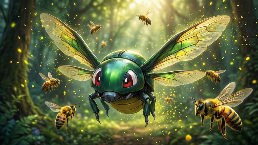 Vespiquen hovers in a sunlit forest with Combee and pollen particles.