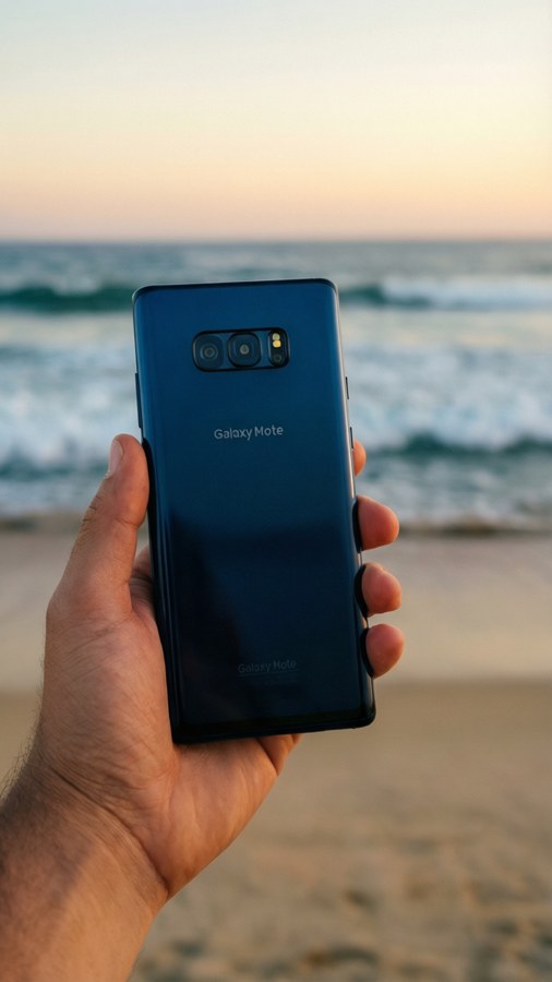 Galaxy Note 8 held in hand with beach sunset background