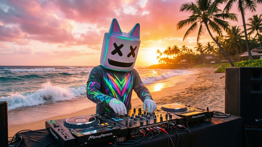Marshmello spins tracks on a beach at sunset with palm trees and ocean waves.