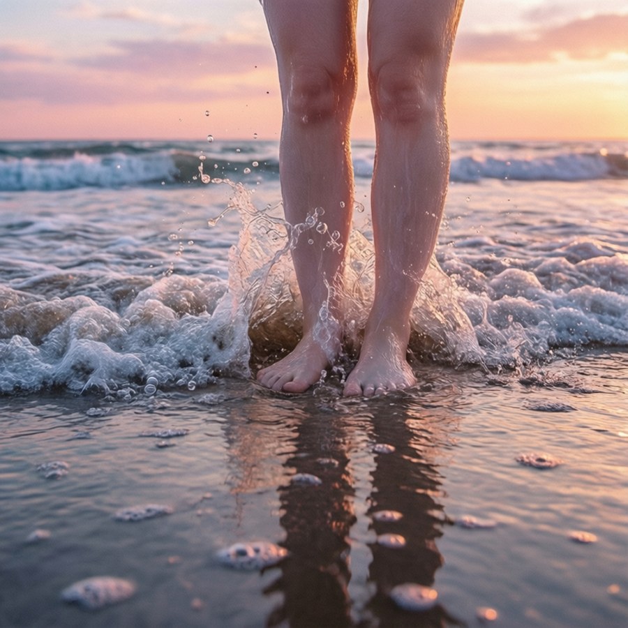 Soft & Wet on a beach at sunset with bubbles and sea foam