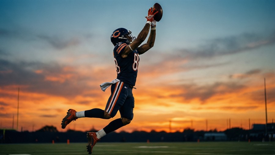 Silhouette of Darnell Mooney jumping for a catch at sunset.