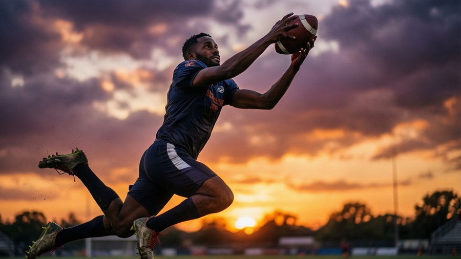 Rashid Shaheed making a spectacular leaping catch at sunset.