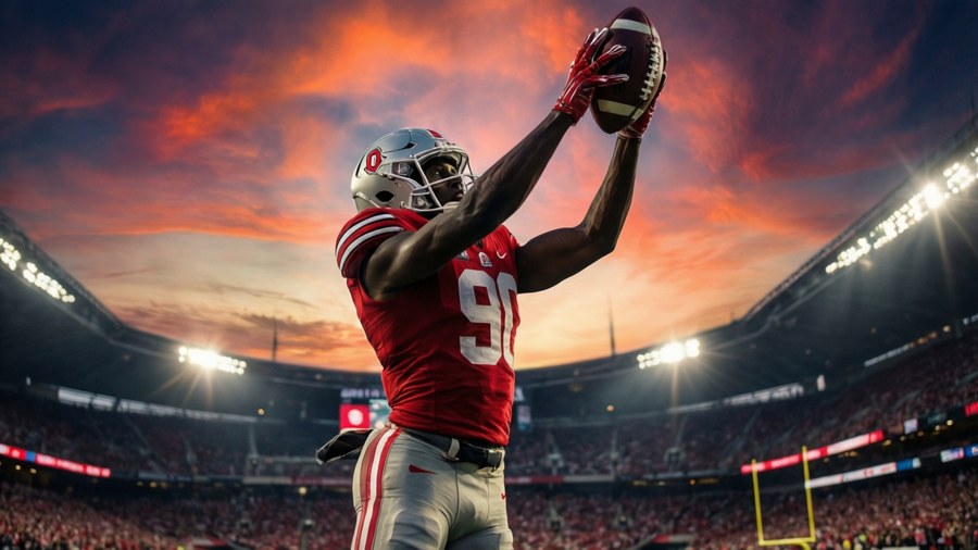 Jeremiah Smith makes a spectacular leaping catch at sunset.
