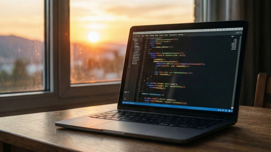 Coding at sunset with a beautiful view outside.