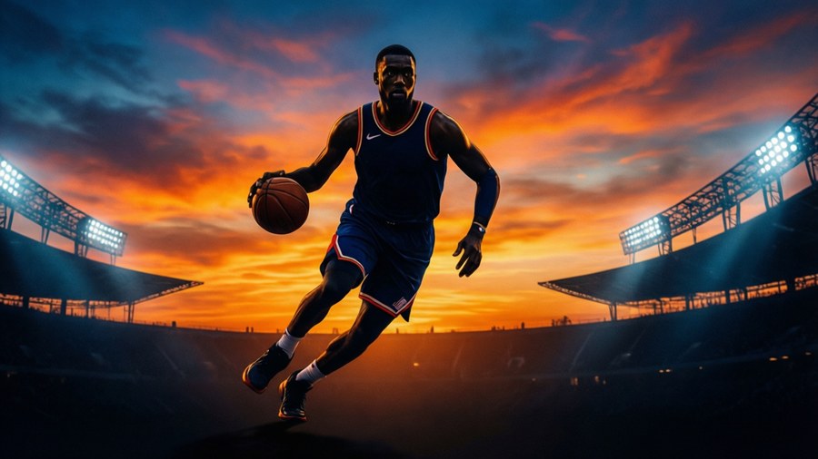 Artistic silhouette of an NBA player at sunset.