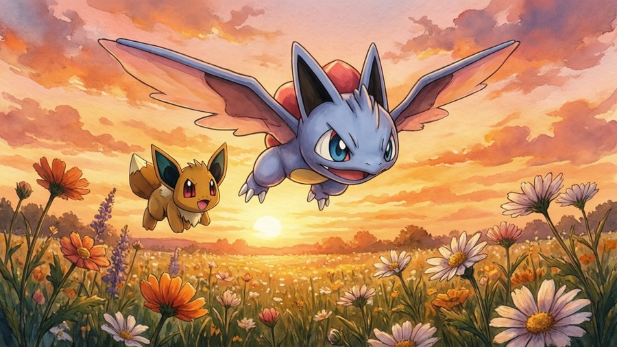 Vespiquen and Combee fly over a flower field at sunset.