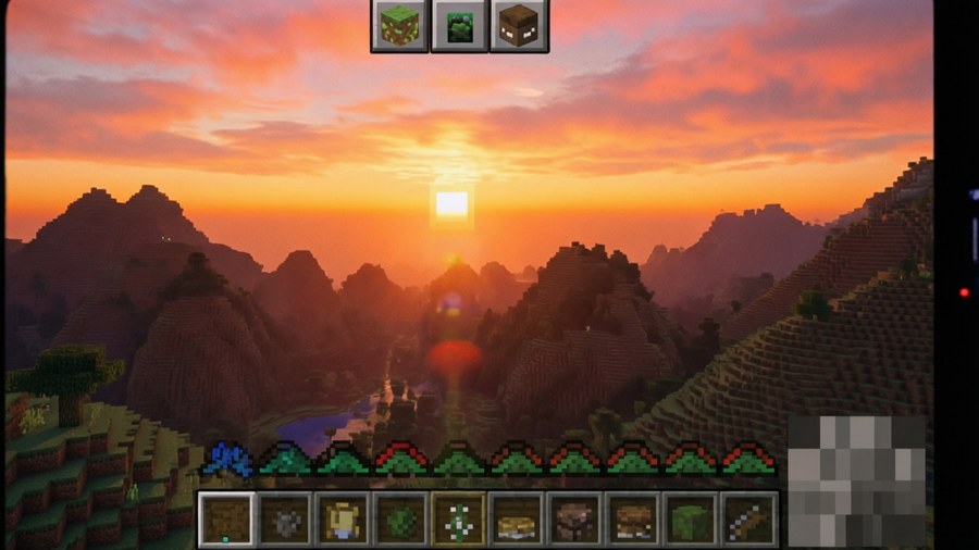A wide inventory overlay on a scenic Minecraft sunset, full of items.