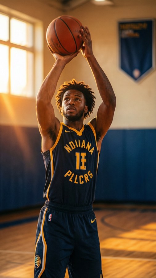 Obi Toppin shoots a three-pointer during golden hour in the gym.