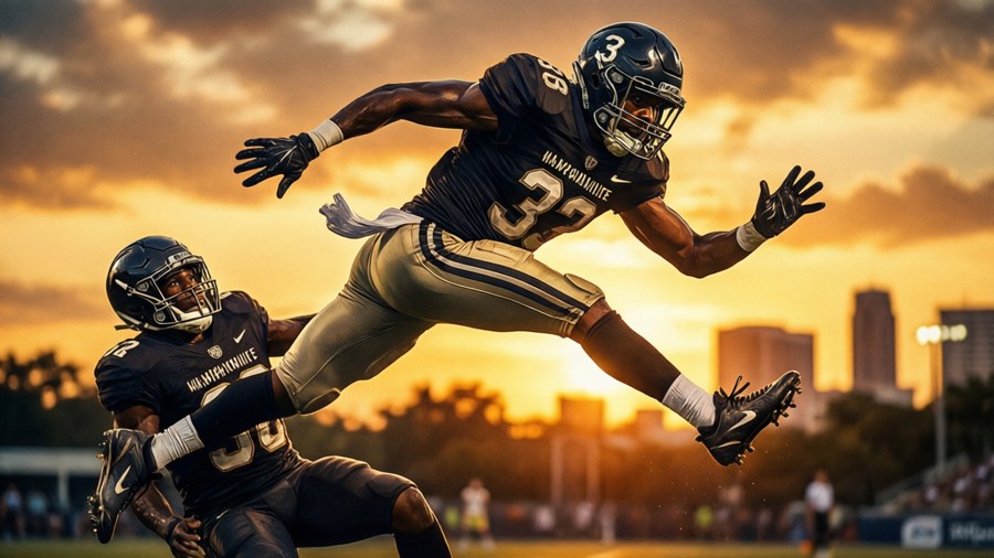 Rachaad White jumping over a defender at sunset with Tampa skyline.