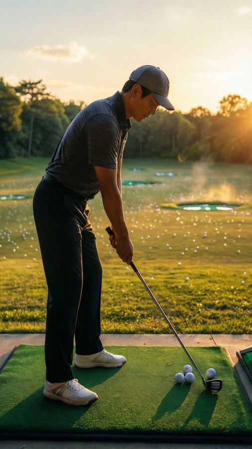 K.J. Choi practicing at the driving range during sunset
