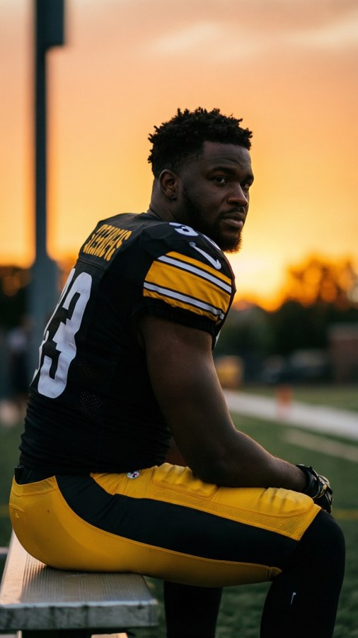 George Pickens silhouetted against a sunset, sitting on a bench after practice.