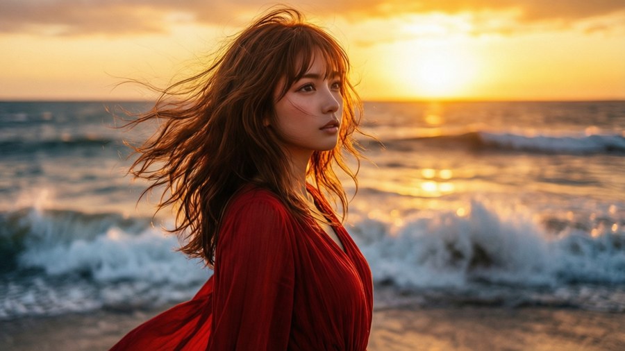 Honoka Sawada on the beach at sunset in a red dress, warm tones.