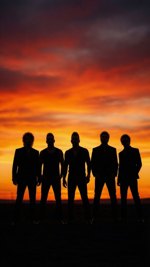 Dramatic silhouette of NKOTB at sunset.