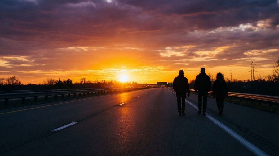 Silhouettes of three figures walking away on a highway at sunset