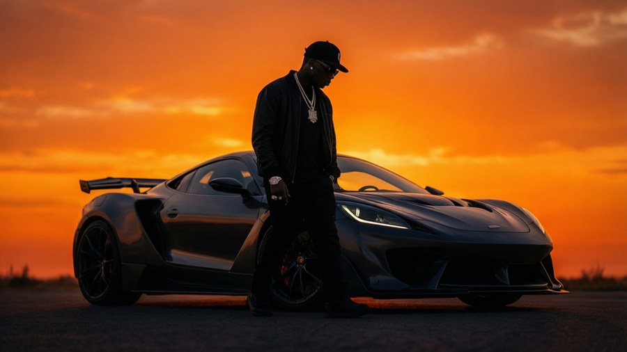 Silhouette of DaBaby and car at sunset.