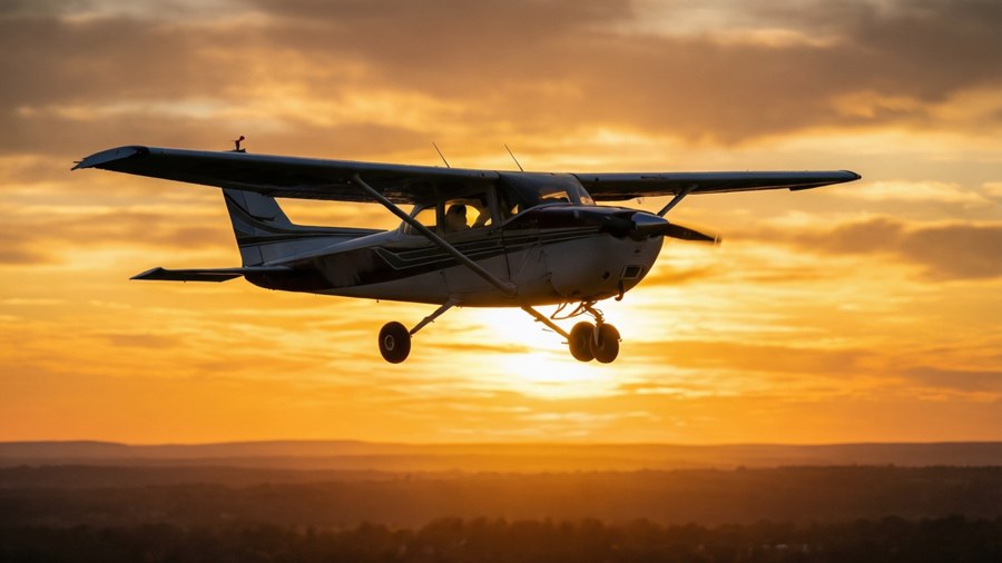 Cessna 172 silhouetted against a breathtaking sunset sky.