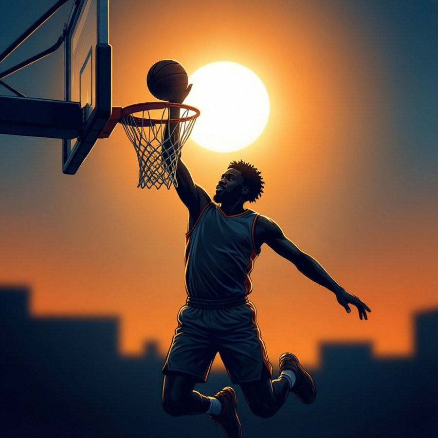 Silhouette of Tyrese Maxey dunking at sunset