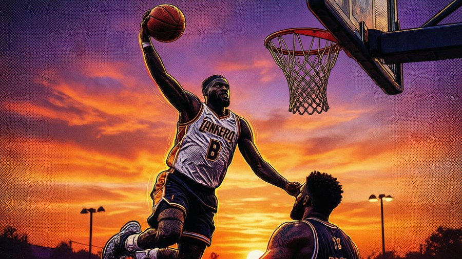 Jaden Ivey posterizing a defender with a powerful dunk against a sunset sky, comic style.