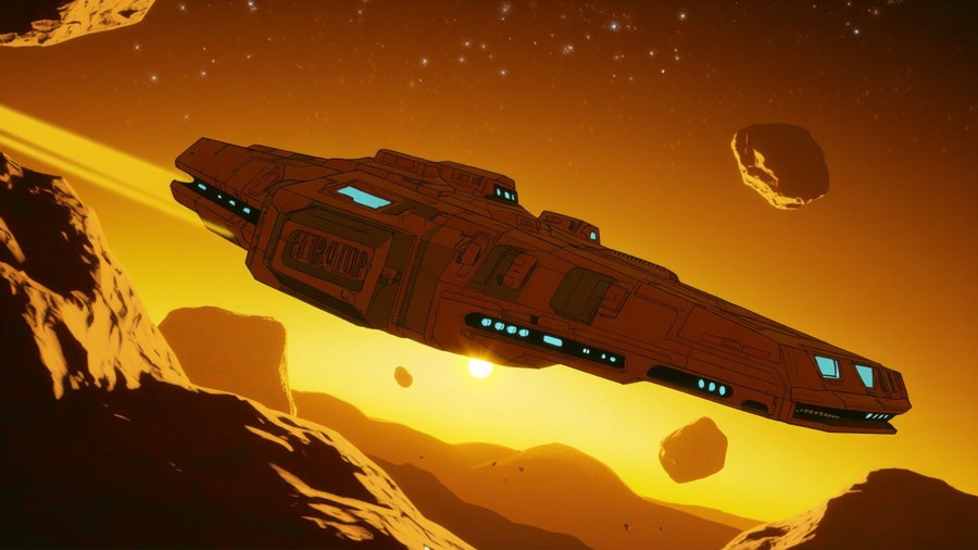 The Bebop navigates an asteroid field during a golden sunset.