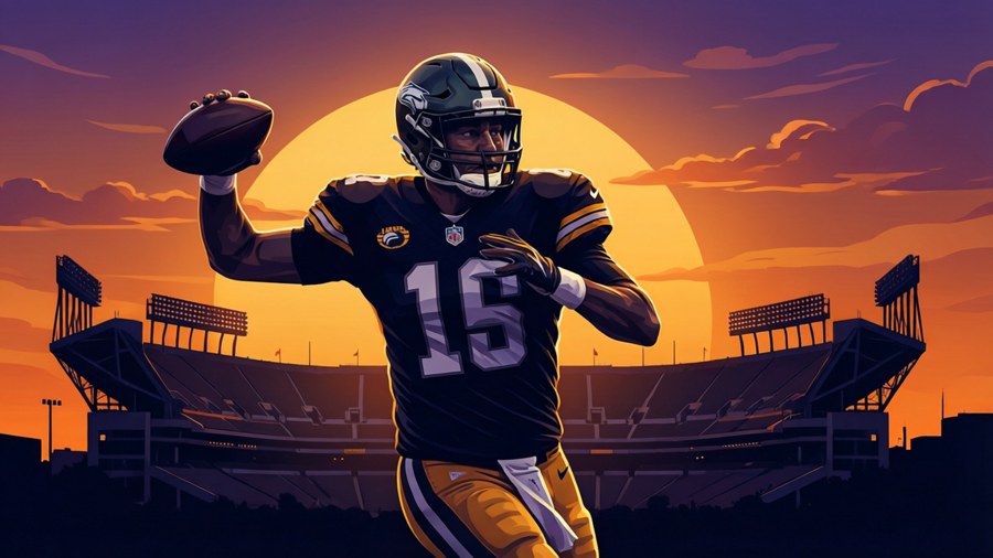 Minimalist silhouette of Aaron Rodgers throwing at sunset over Lambeau Field.