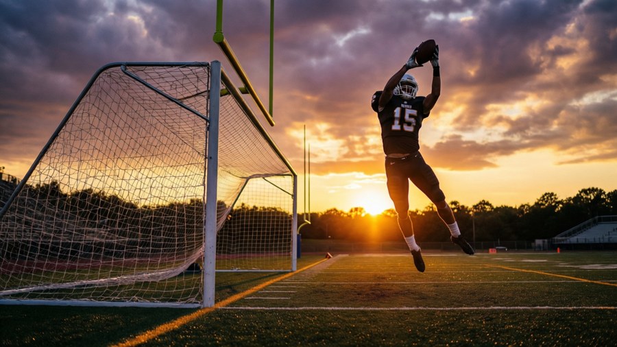 Tee Higgins makes a spectacular touchdown catch at sunset.