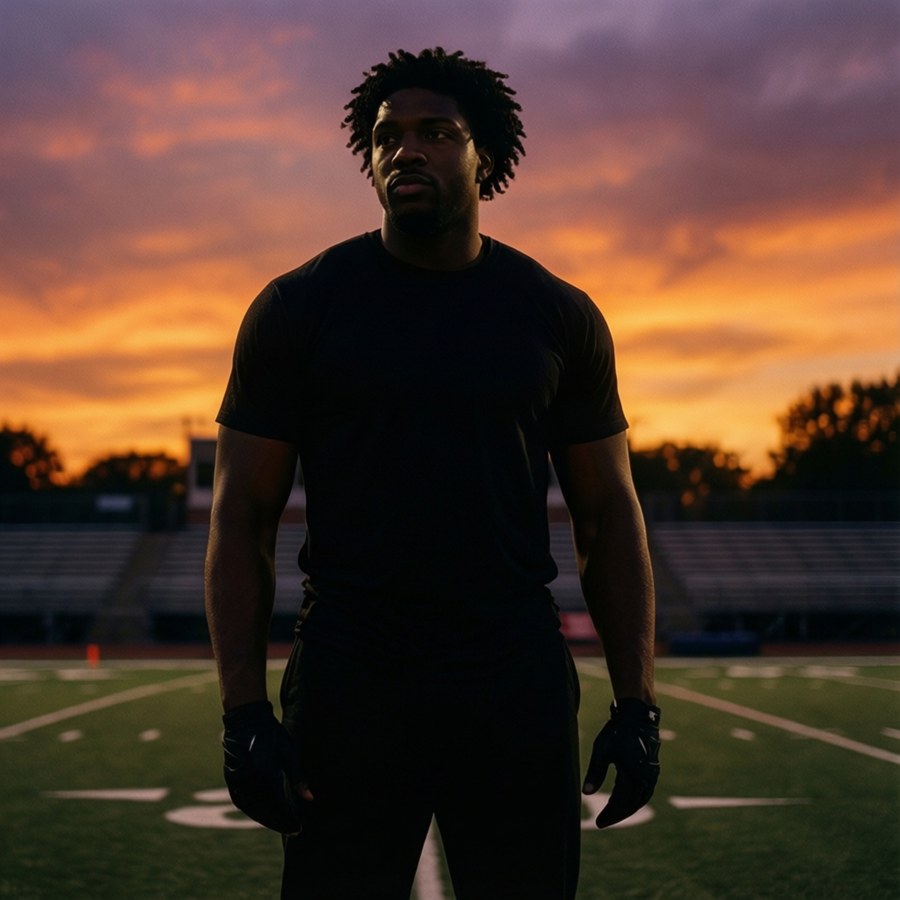 Silhouette of Taysom Hill at sunset on the field, peaceful yet powerful