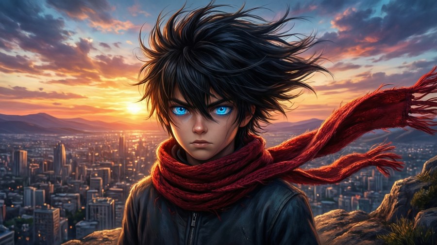 An anime boy with spiky black hair stands on a cliff at sunset, overlooking a city.