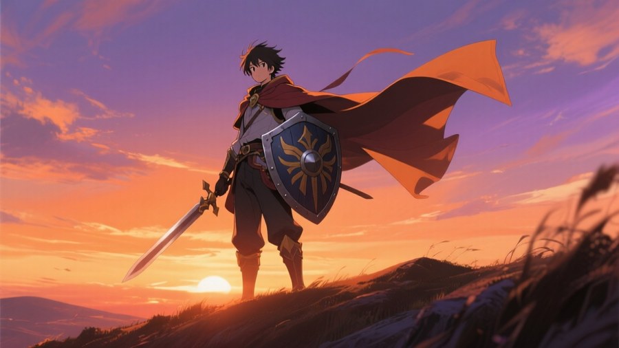 Naofumi stands heroically at sunset with his shield, cape flowing.