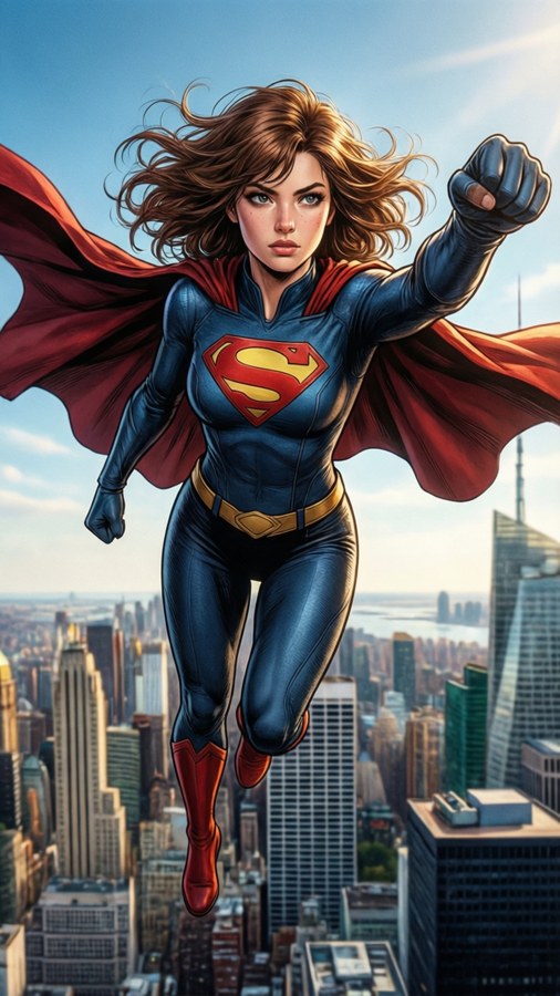 Heroic Bachira as a superhero flying over city