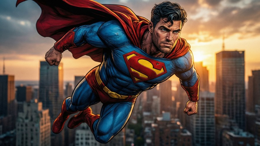 Dear Daniel as a superhero flying over the city