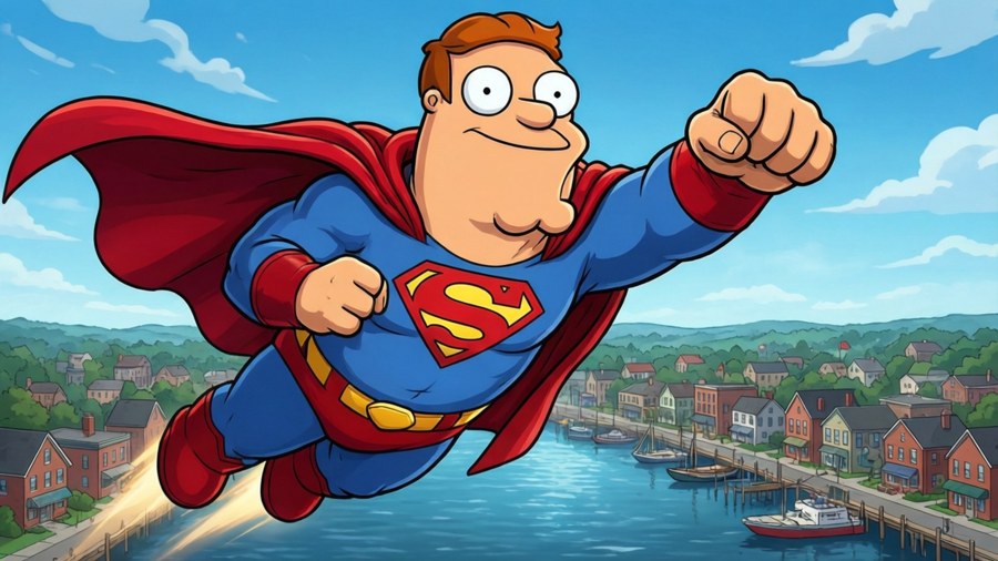 Peter Griffin in a Superman parody, flying above Quahog.