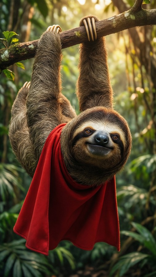A funny wallpaper of a sloth superhero hanging from a branch