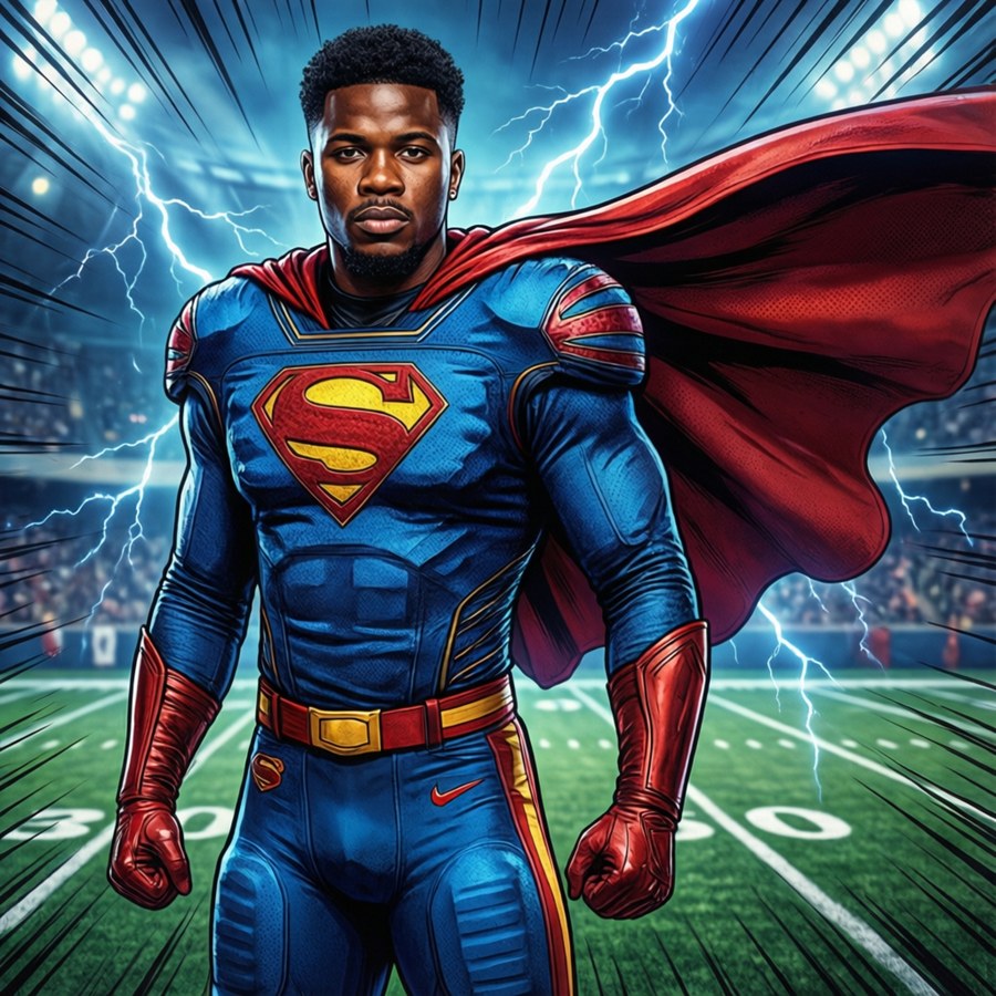 Digital art of Jahan Dotson as a superhero with cape
