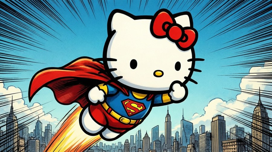Hello Kitty vuela como una pequeña superheroína.