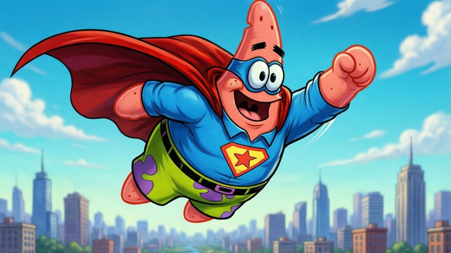 Un fondo de pantalla lleno de acción de Patrick Star como superhéroe salvando el día.