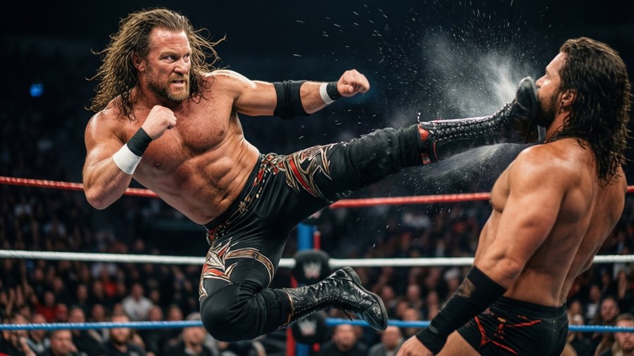 James Storm performing a superkick mid-air, motion blur, crowd background, high contrast.