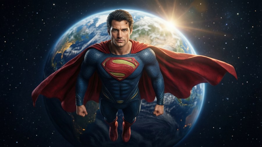 Superman fluttua nello spazio con la Terra come sfondo.