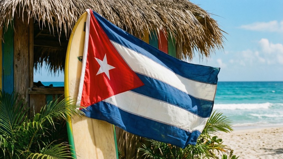 Et cubansk flagg vist på et surfbrett ved en strandhytte, perfekt til et tropisk tapet.