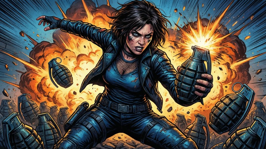 Dynamic action shot of Killjoy throwing a swarm grenade with explosion.