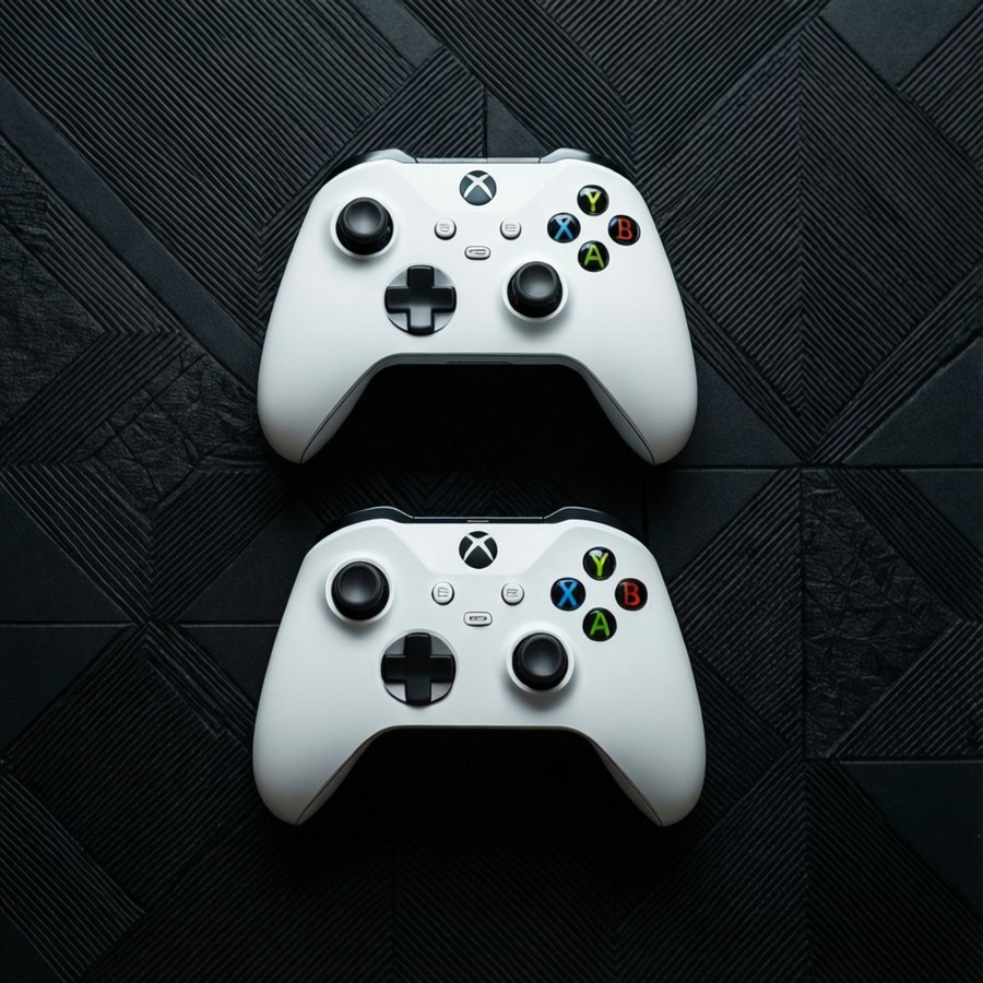 A top-down flat lay wallpaper of the Xbox One S and two white controllers on a black background.