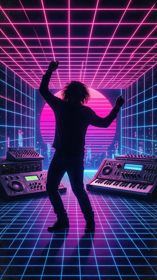 Retro 80s synthwave wallpaper inspired by LCD Soundsystem