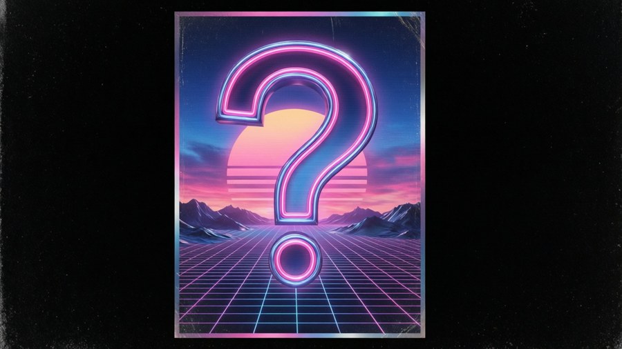 Pôster retro synthwave com ponto de interrogação neon sobre paisagem em grade e pôr do sol rosa e azul.